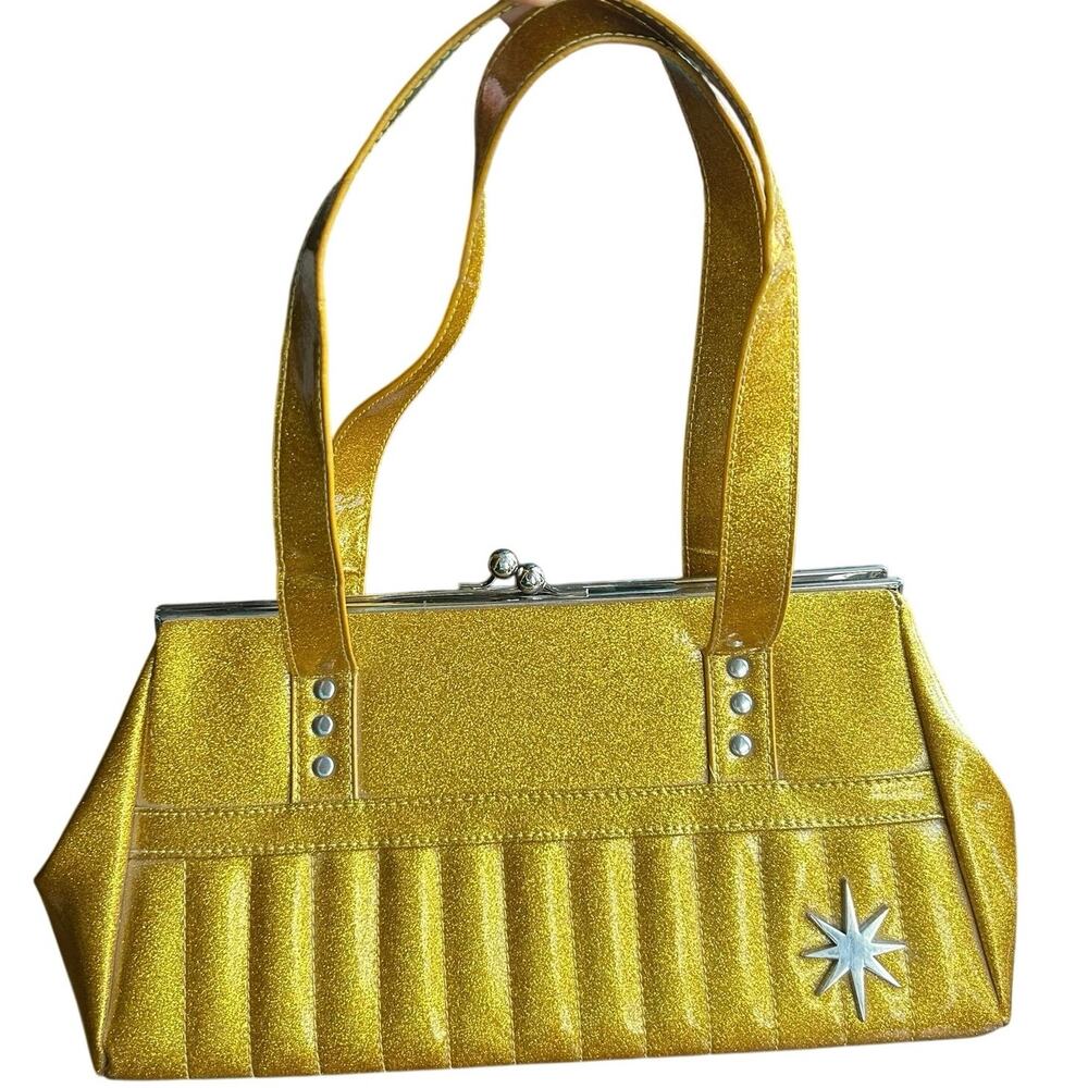 Gold sparkle Lux de Ville Starlite Kiss Lock purse silver hardware star emblem